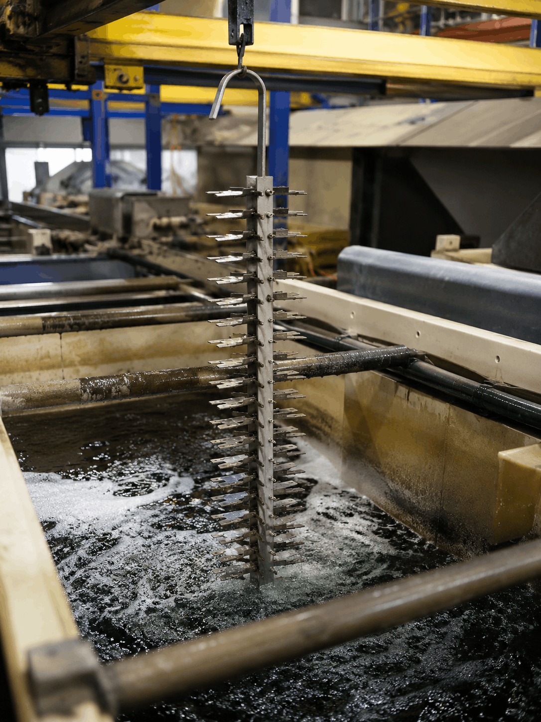 Industrial metal plating rack used in an immersion finishing process